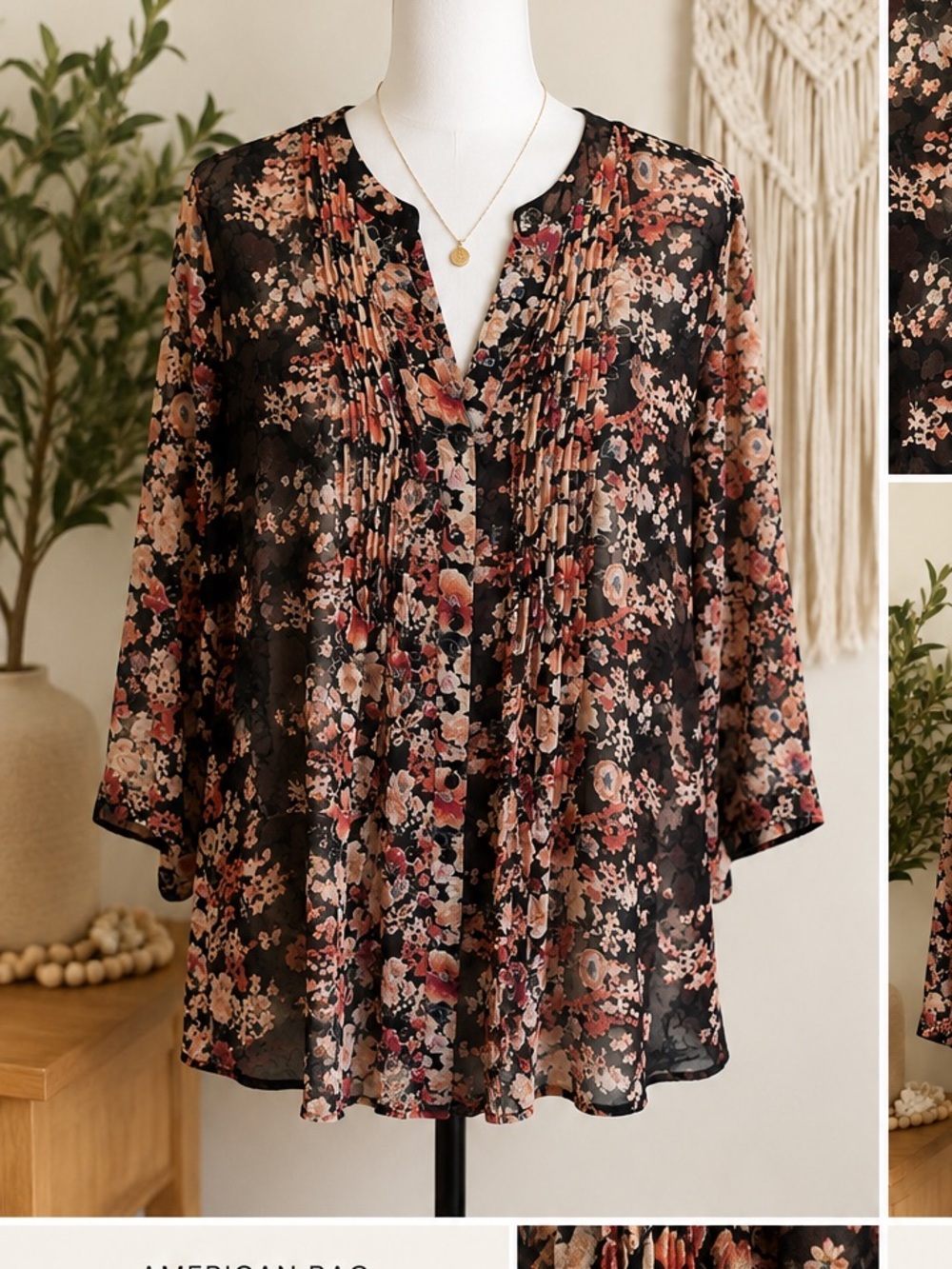 American Rag Floral Sheer Boho Blouse Size L Black Pink Pleated Button Front Top